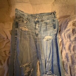 American Eagle: super high rise baggy wide leg, light wash, ripped jeans